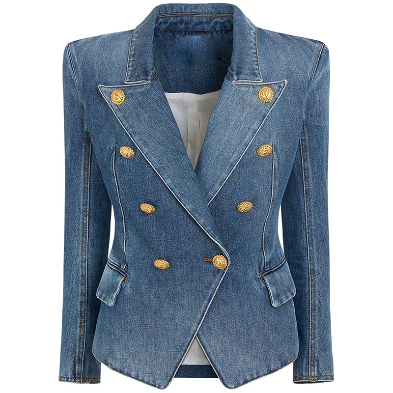 Damenbekleidung Promi-Temperament schmale zweireihige Anzugjacke aus gewaschenem Denim_voghion.com