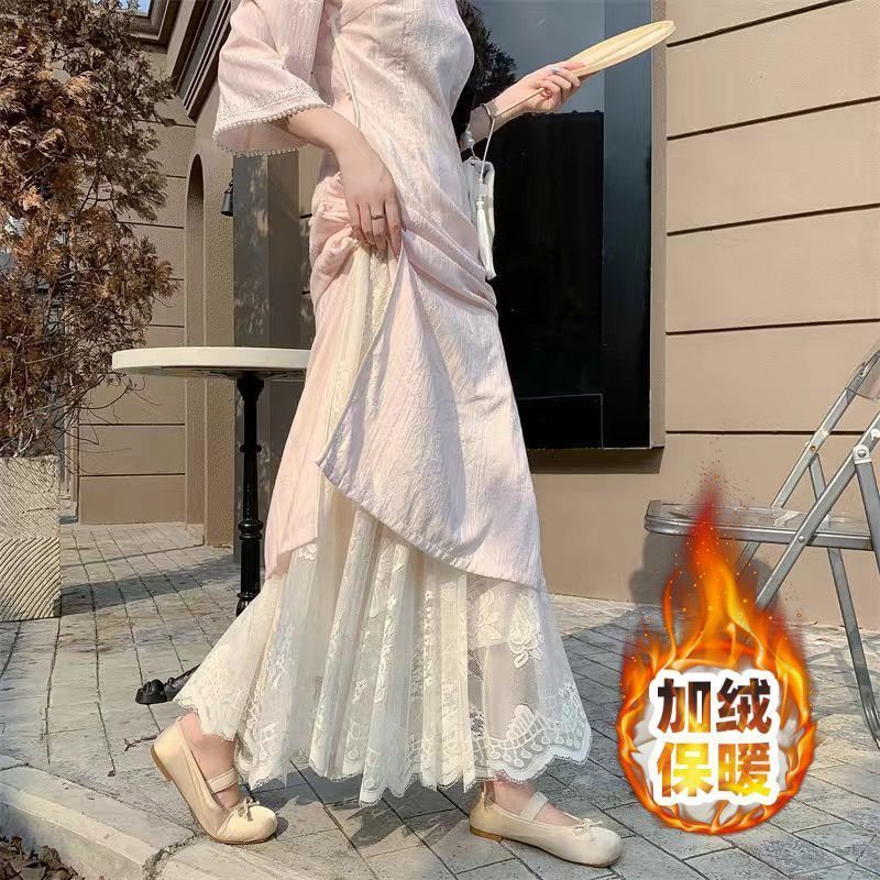 旗袍内搭衬裙百褶半身裙秋冬叠穿复古加绒打底蕾丝纯色大摆半身裙|undefined
