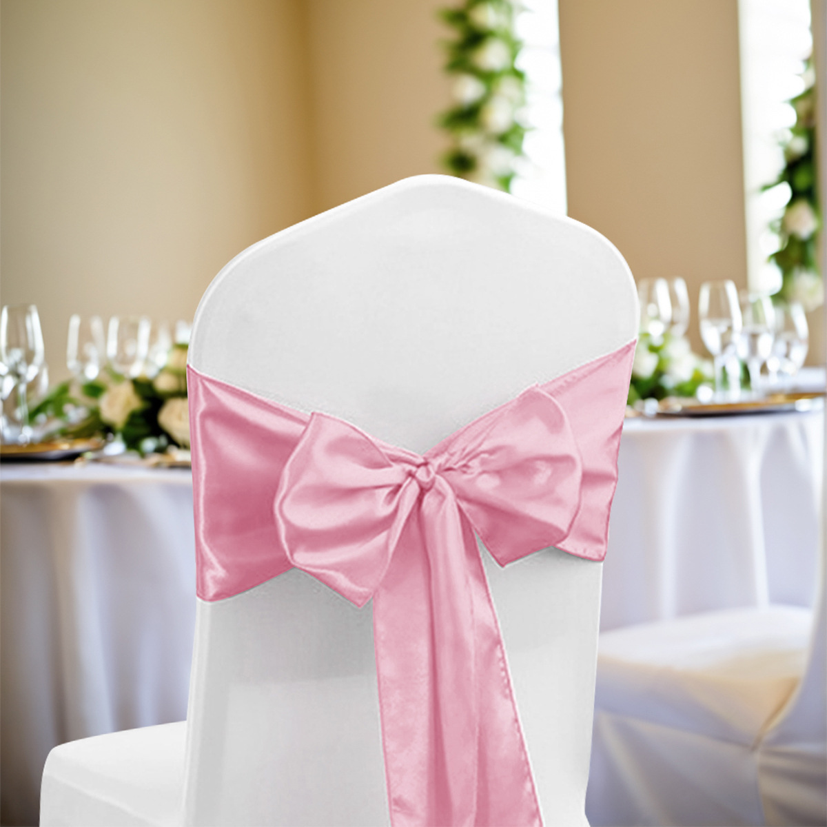 Accesorios de lazo de flor de respaldo de silla de satén de cinco bellezas transfronterizas Suministros generales de decoración de boda Funda de silla elástica Decoración de lazo