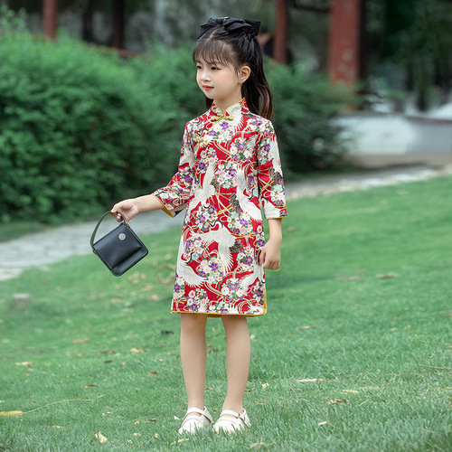 Girls kids chinese dress oriental qipao dresses Mid-sleeve cheongsam dress Children  Fairy Tang suit Hanfu Performing dresses