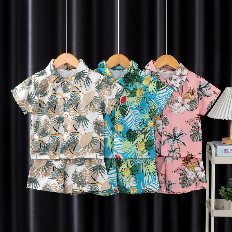 2026 New Children's Short-Sleeved Suit, Men's Short-Sleeved Shirt Suit, Short-Sleeved Shorts Beach Two-Piece Set