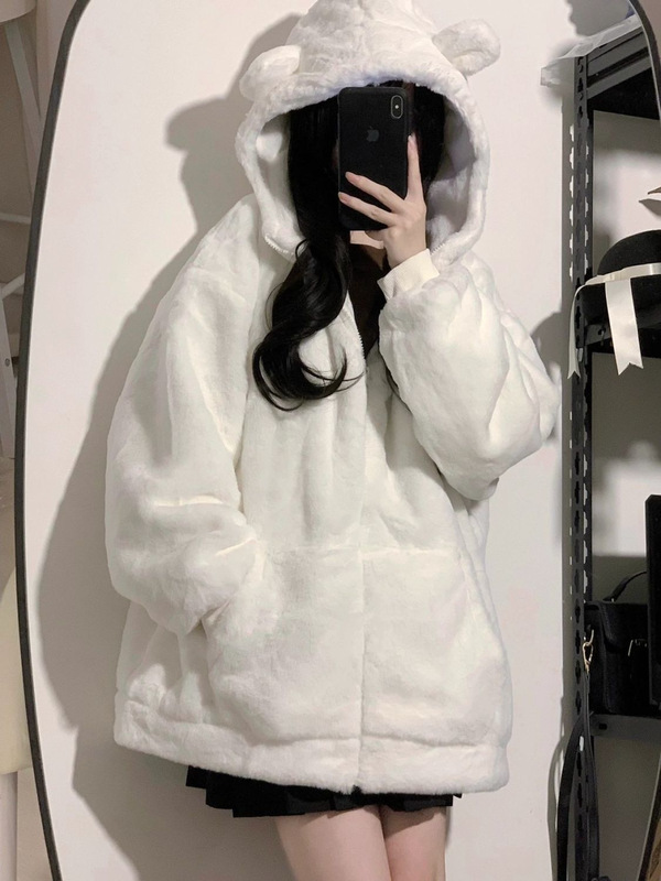 Milk Hulu plush coat women's cardigan winter Korean style student cute loose lazy style hooded ins fashion