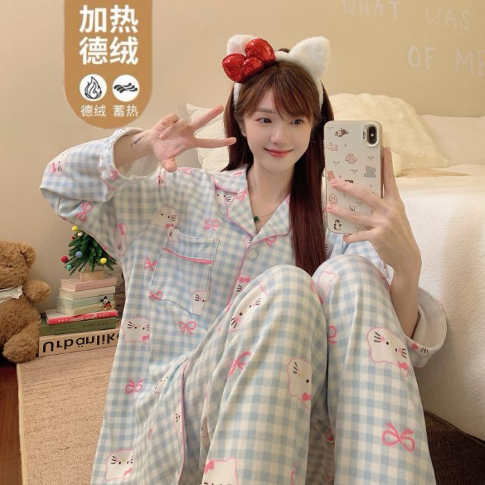 Al por mayor transfronterizo otoño y invierno nueva explosión Cardigan manga larga calentamiento de dos piezas pijamas de mujer set de ropa de casa
