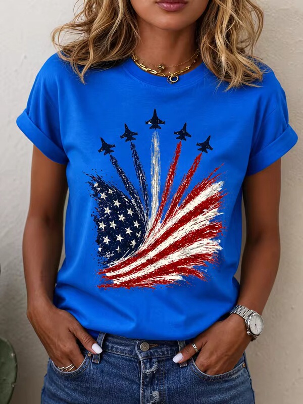 Ilstile Women's July 4Th Patriotic T-Shirt with American Jet Fighter Print, Casual Short Sleeve Crew Neck, Independence Day Ilstile Women's July 4Th Patriotic T-Shirt with American Jet Fighter Print, Casual Short Sleeve Crew Neck, Independence Day