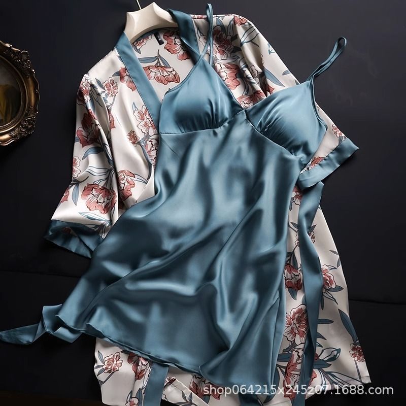軽くて豪華な気質の氷糸の長いタイプの春と秋の高級感の結婚式の家庭服の新婦の朝の服の高級感のパジャマの2つのセット|undefined