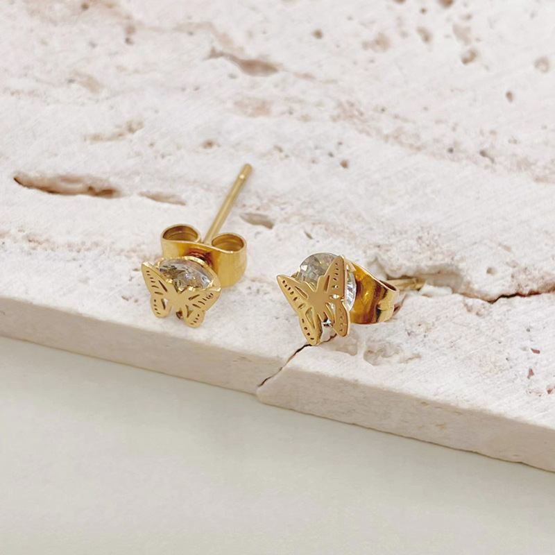 Sweet Butterfly Stainless Steel Plating Inlay Zircon Ear Studs 1 Pair