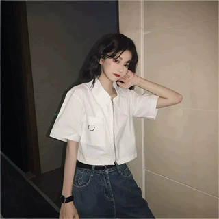 短袖衬衫女夏季薄款风短款Polo衫T恤女设计感小众学生开衫上衣ins