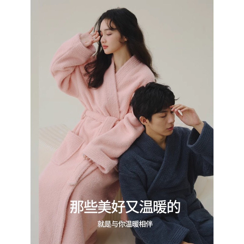 (2개) 목욕 가운 여성 커플 잠옷 두꺼운 긴 목욕 가운 목화 흡수성 잠옷 2024 년 가을과 겨울 남자의 새로운 스타일