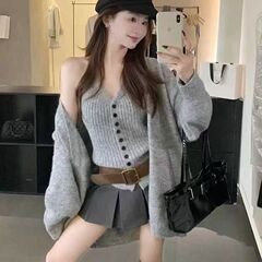 韩系慵懒针织开衫外套挂脖吊带背心两件套秋冬高级感软糯毛衣套装