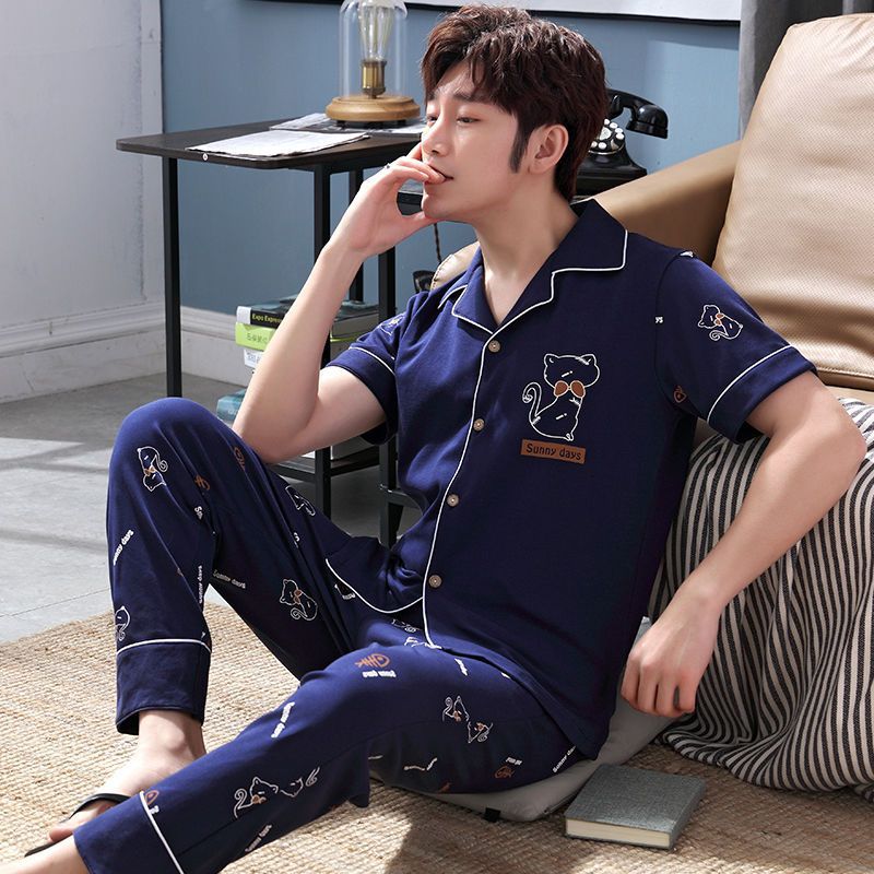 Pijama de algodón 100% de primavera y verano de los hombres pantalones de manga corta cardigan Delgado de los hombres de primavera y otoño de manga corta ropa para el hogar