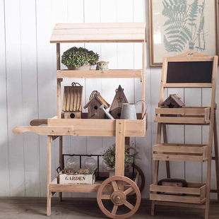 American Country Fir Storage Cart Retro Home Balcony Flower Rack Shop Window Bar Creative Decoration Ornaments