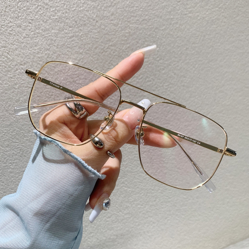 Versatile Minimalist Large Pure Titanium Gold Wire Double Bridge Glasses Men, Suitable For Prescription Blue Light Blocking, Non-Prescription_voghion.com