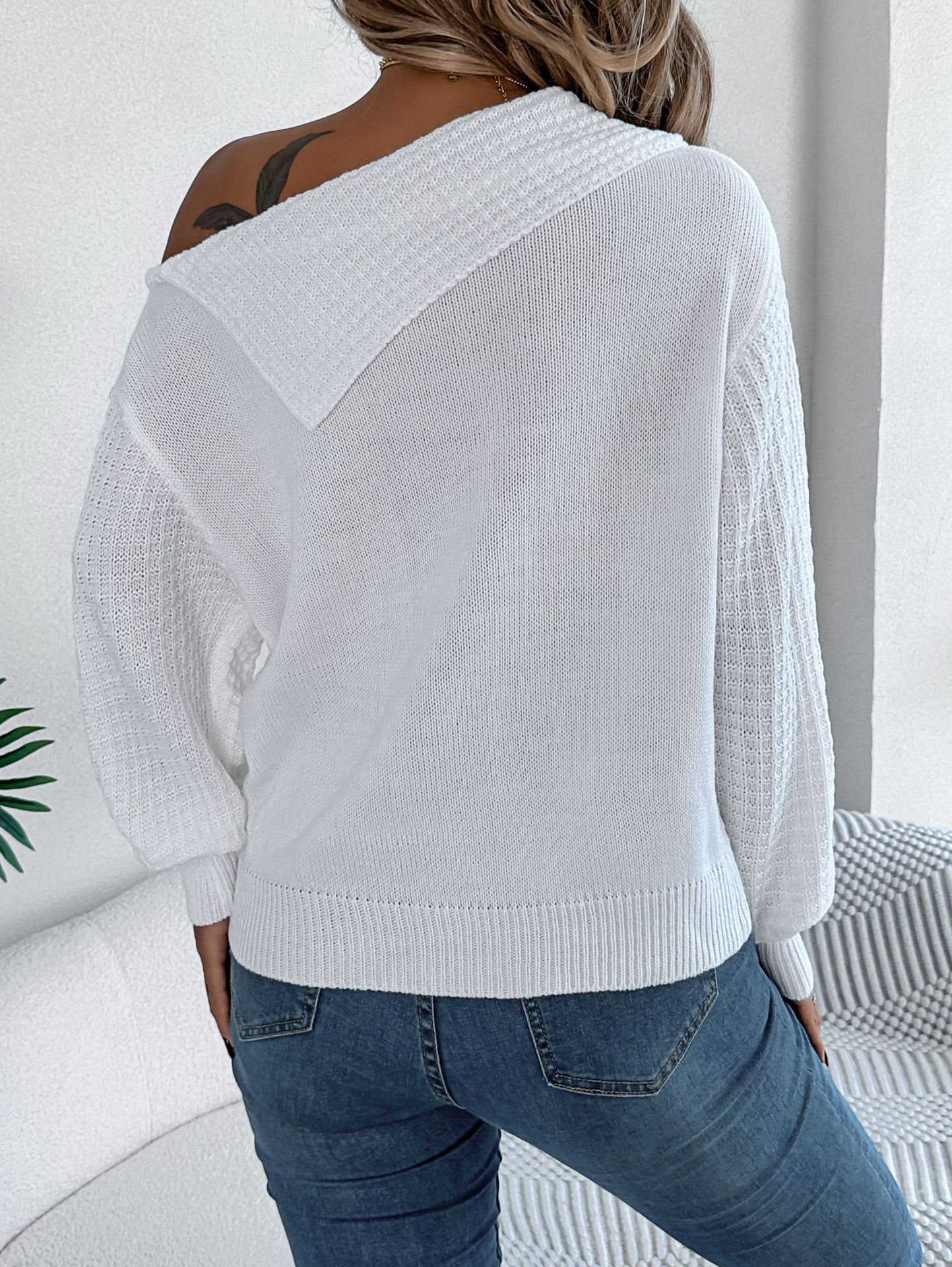 Women's Sweater Off Shoulder Lapel Twist Long Sleeve Pullover_voghion.com