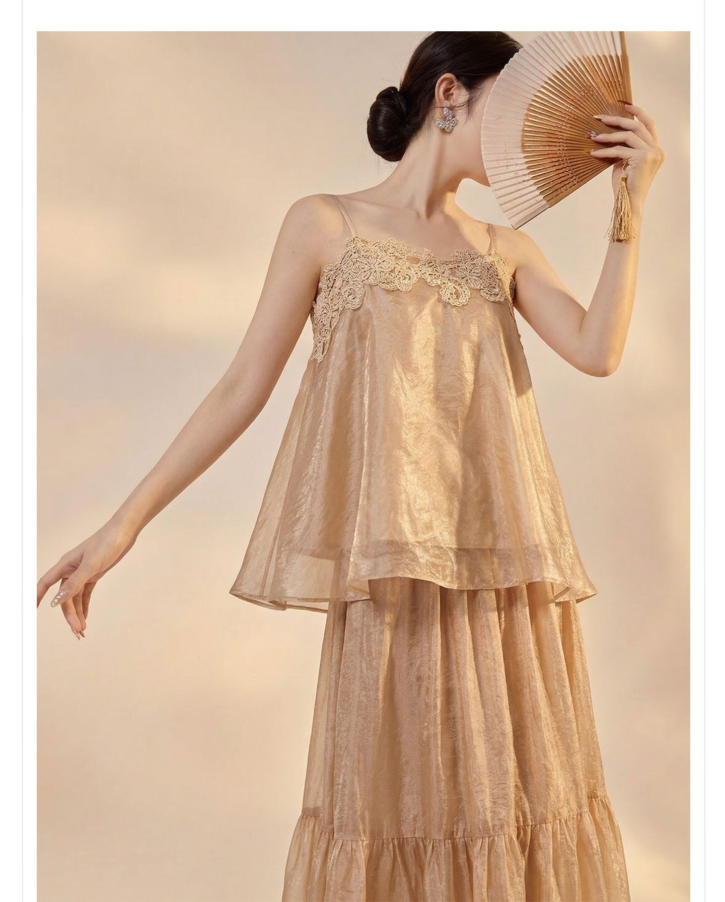 Bộ đầm maxi nữ thắt eo phong cách cổ điển Trung Hoa cao cấp (áo dây + chân váy) — nửa váy, Trang chủ chi tiết 5