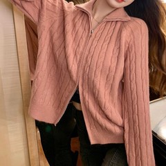 双拉链立领毛衣外套女2025秋冬新款慵懒风宽松软糯麻花针织开衫