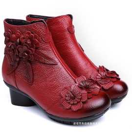 头层牛皮大码鞋民族风女靴子短靴单皮靴中粗跟手工复古女棉靴