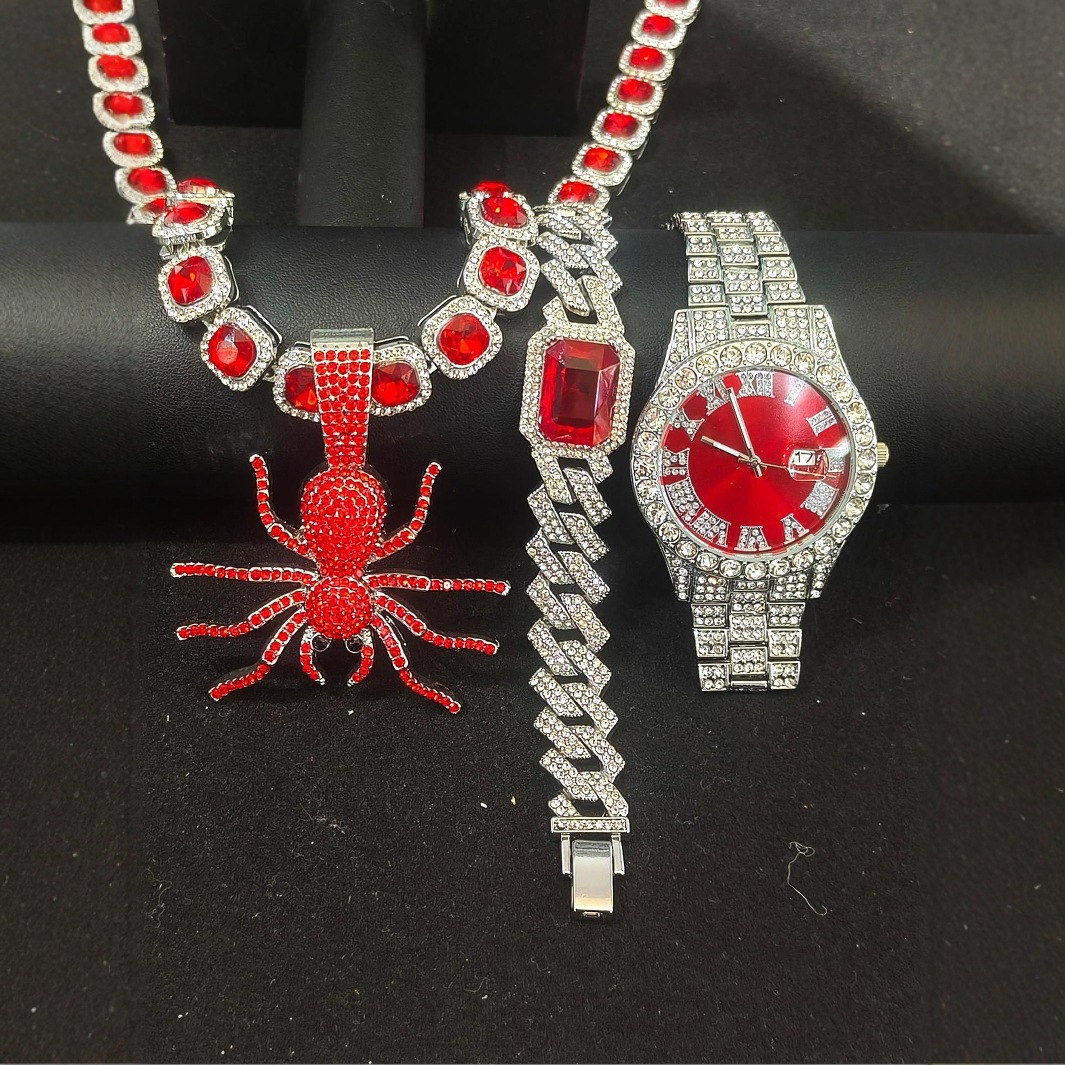 Europa y América hip hop diamantes reloj romano azúcar cubano color collar pulsera colgante araña conjunto de caja de regalo de alto nivel