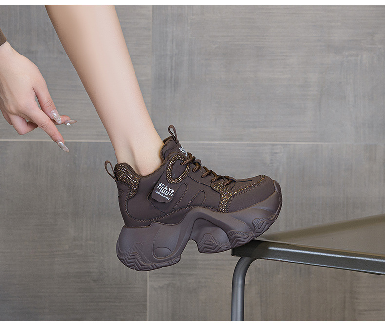 Giày sneaker nữ đế dày chunky tăng chiều cao ẩn dây buộc thời trang — M2983 lớp lót đơn màu nâu, M2983-1 plus nâu nhung, M2983-1 plus nhung xám, M2983 lớp lót đơn màu xám chi tiết 25