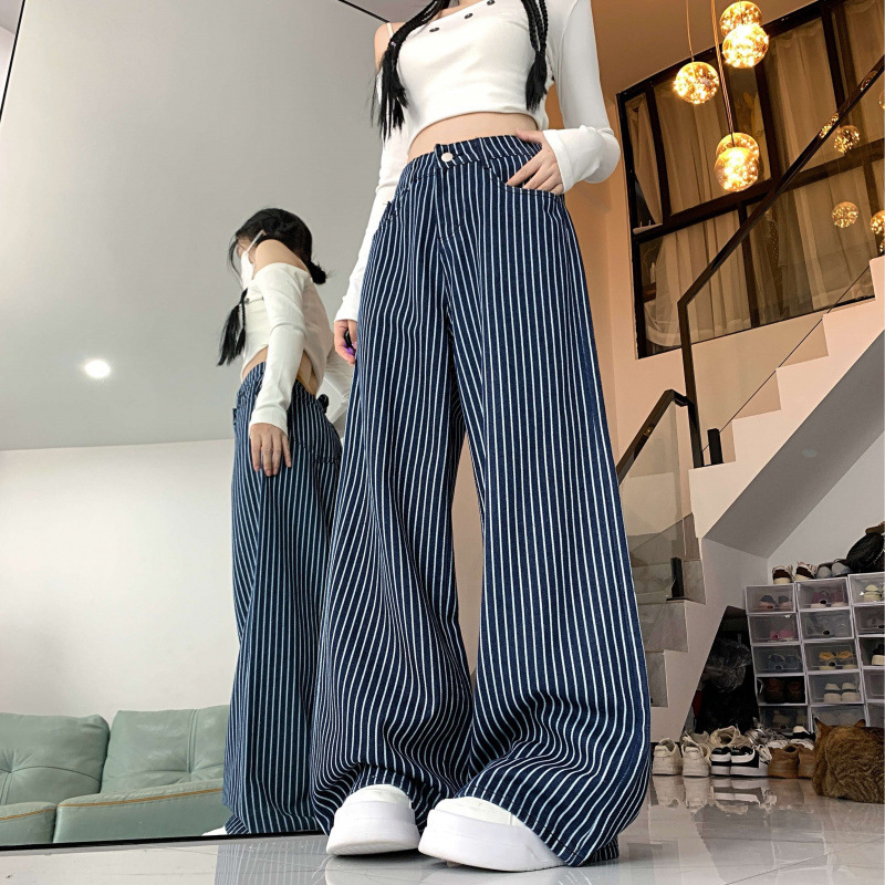 复古蓝色条纹阔腿牛仔裤女春秋宽松休闲显瘦直筒拖地长裤高街风|undefined