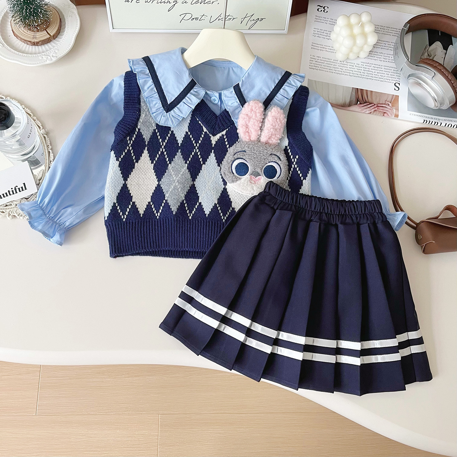 Mädchen Hasen Polizistin Jk Uniform Strickweste Rock Set_voghion.com