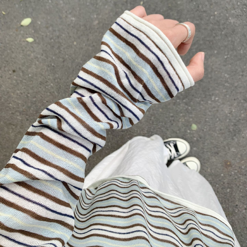 Lazy Style Sun Protection Blouse for Women 2025 Autumn and Summer New Loose Casual Stripesd Thin Long-Sleeved T-Shirt Knitted Top Lazy Style Sun Protection Blouse for Women 2025 Autumn and Summer New Loose Casual Stripesd Thin Long-Sleeved T-Shirt Knitted Top