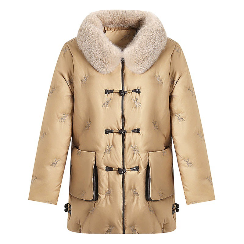 Пуховик для мам, зимняя одежда для женщин среднего и пожилого возраста, куртка на утином пуху Guofeng, одежда на хлопковой подкладке, свободная новая куртка с шерстяным воротником больших размеров