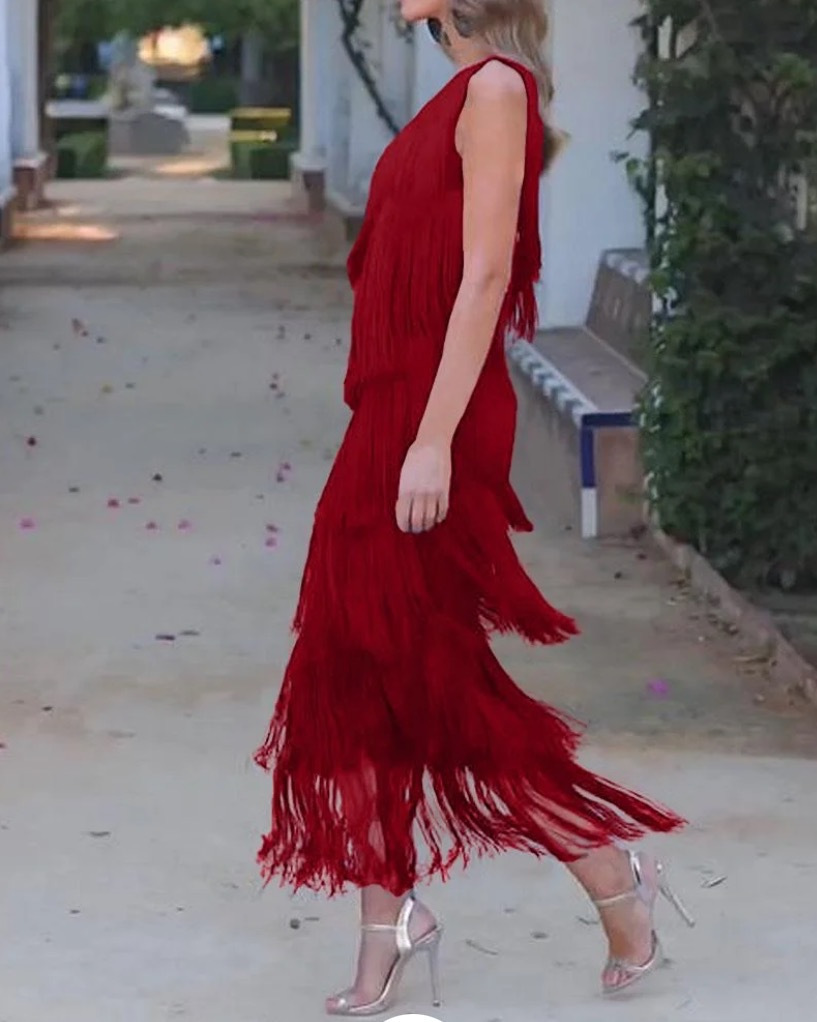 2024 Spring Summer New European And American Foreign Trade Fashion Tassel Asymmetric Off-Shoulder Dress Evening Gown_ecoleips.com