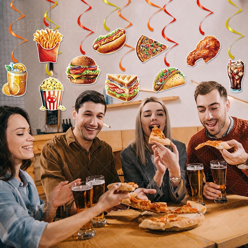Tema de comida rápida decoración de cumpleaños etiqueta colgante en espiral papas fritas hamburguesa pizza colgante en espiral suministros para fiestas de cumpleaños