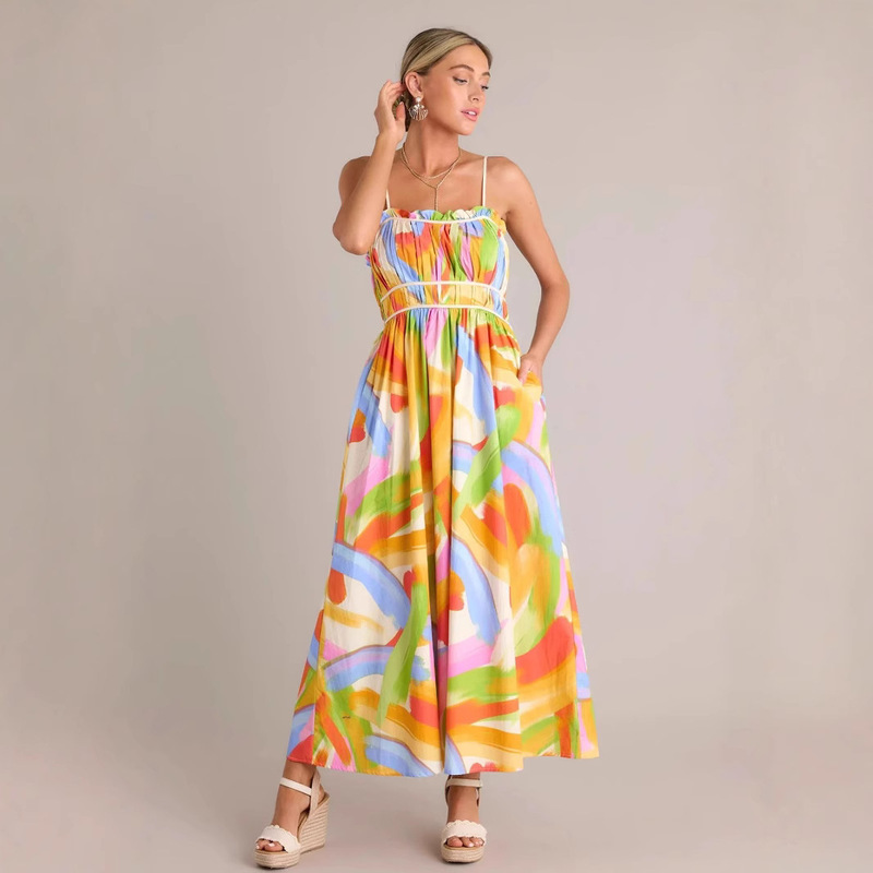 2025 Summer New European and American Cross-Border Call Me Yours Cotton Yellow Multi-Color Printed Maxi Dress 2025 Summer New European and American Cross-Border Call Me Yours Cotton Yellow Multi-Color Printed Maxi Dress