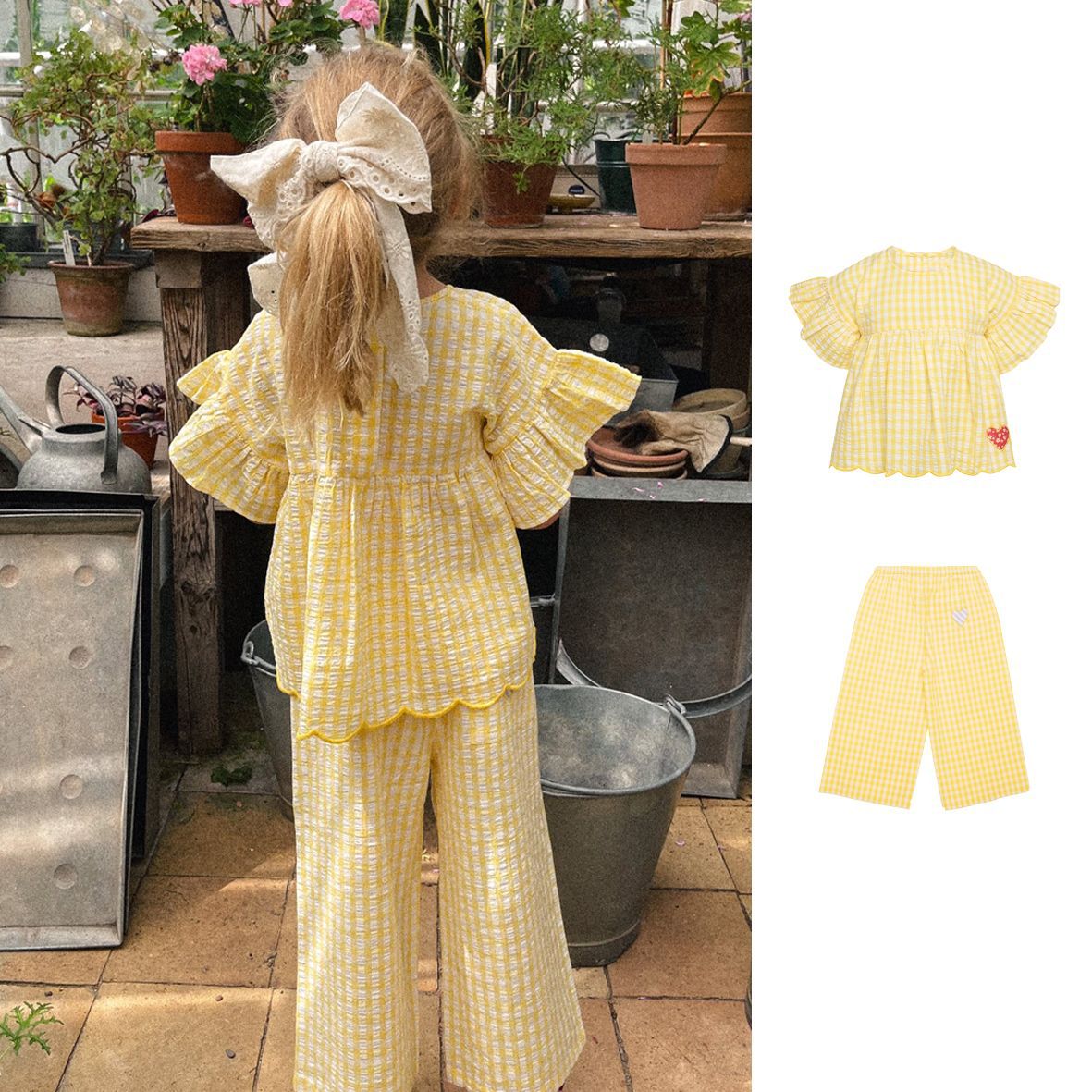 Children's Outfit 2026 Summer Style Girls' Nordic Style Ruffle Sleeve Top Children's Fresh Yellow Plaid Loose Short-Sleeve Shirt