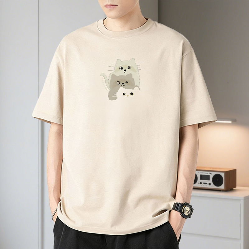 Casual Versatile Cartoon Print Heavyweight Short-Sleeve T-Shirt, Loose New Trendy Korean-Style Men's Summer Round-Neck Simple Design Casual Versatile Cartoon Print Heavyweight Short-Sleeve T-Shirt, Loose New Trendy Korean-Style Men's Summer Round-Neck Simple Design