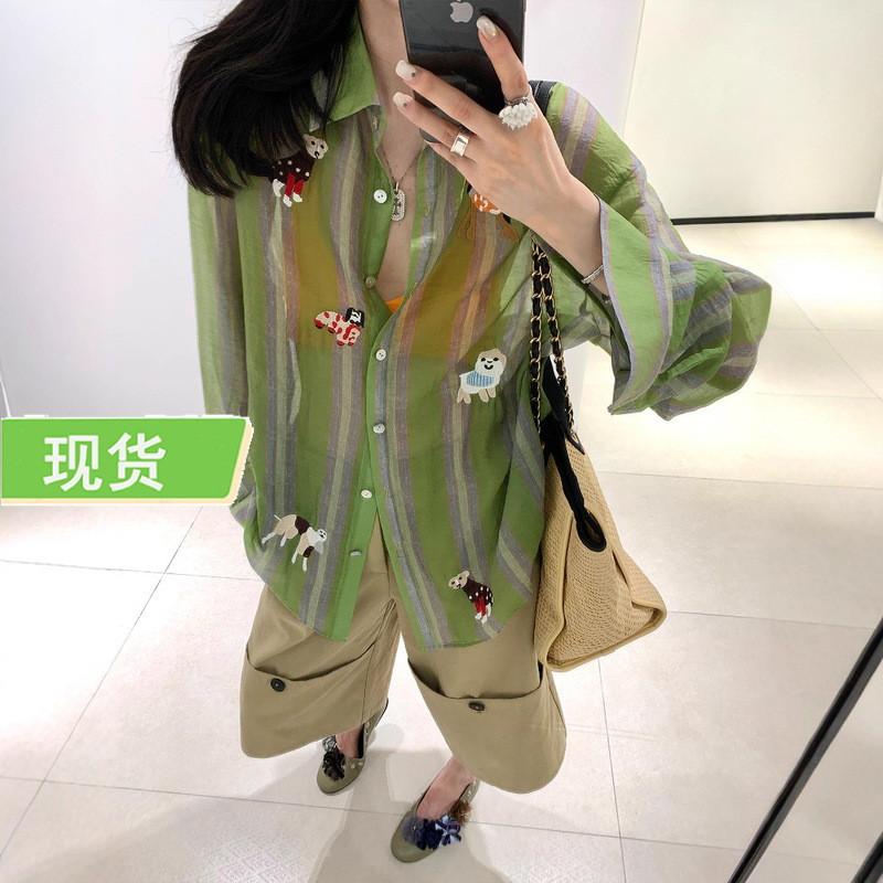 여성용 오우양 강아지 자수 경량 자외선 차단 셔츠, 여름 디자인, 틈새 복고풍 셔츠, 루즈한 탑