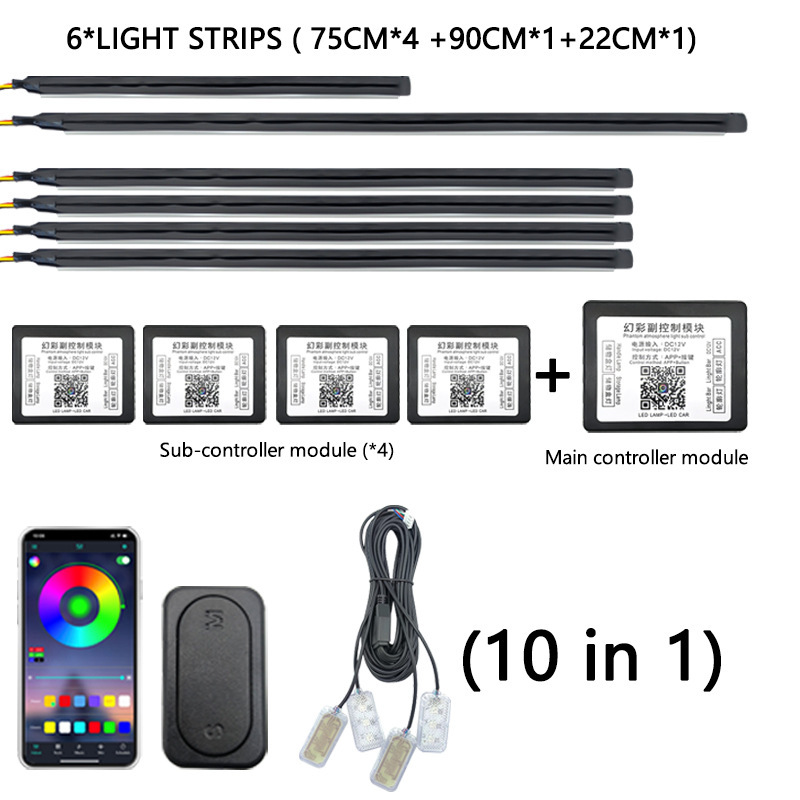 Automóvil todo el vehículo escondido luz de atmósfera universal sin cable roto APP de doble control de luz de atmósfera interior colorida luz decorativa LED
