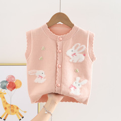 子供のベストの女の子のニットのカーディガンの女性の赤ちゃんの乳幼児の上着の漫画のベストの春秋の金の0-5歳の子供