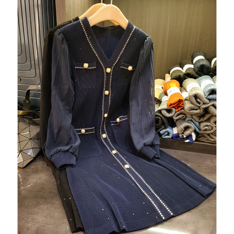 Sequined design V-neck mesh lantern sleeve pleated dress elegant commuter slimming midi dress for women spring and summer New Sequined design V-neck mesh lantern sleeve pleated dress elegant commuter slimming midi dress for women spring and summer New