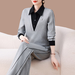 时尚减龄运动套装女2025新款春秋中老年妈妈假两件翻领卫衣两件套