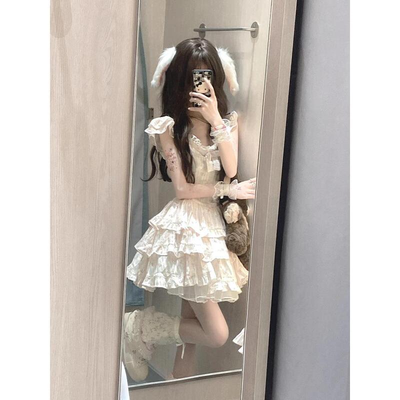 French-Style Sweet Little Flutter Sleeve Floral Dress for Women, Summer Petite Bow Waist Runaway Princess Puffy Dress