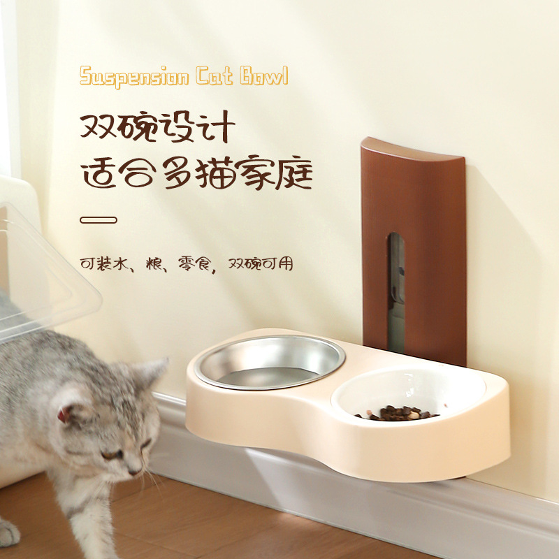 Wall-hung pet double bowl stainless steel anti-knock cat bowl dog bowl water food integrated adjustable high ceramic feeding bowl