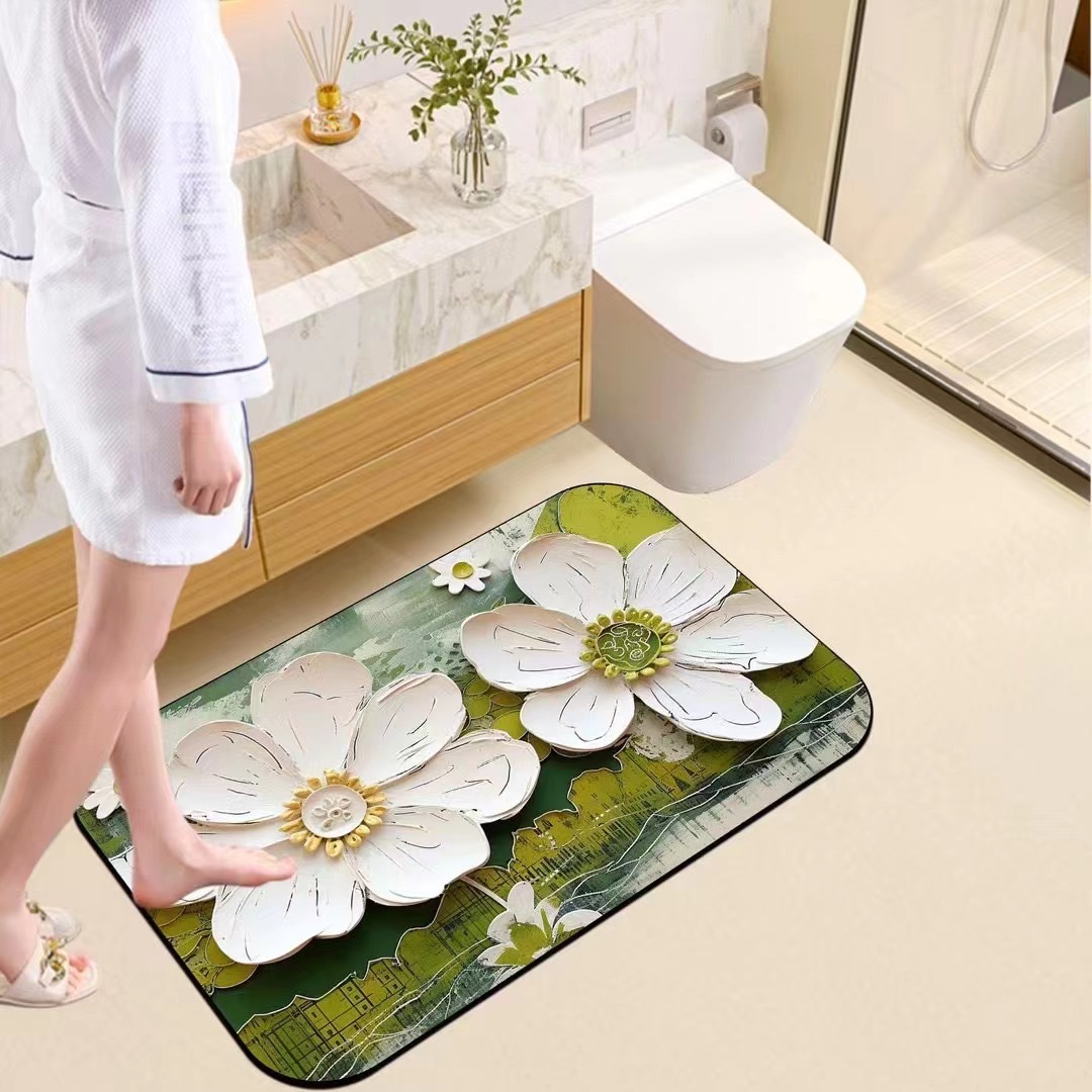 Alfombra absorbente para baño con diseño de flores pintadas al óleo, alfombra suave de barro de diatomeas, alfombra para entrada de baño, alfombra antideslizante para puerta de baño