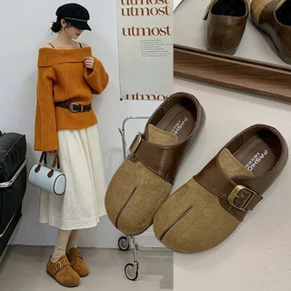 复古磨砂绒面假分趾单鞋女2026秋季新款百搭内增高休闲博肯单鞋