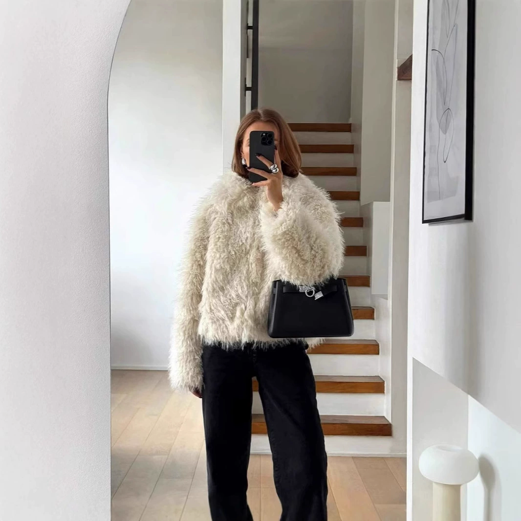 Европейская и американская трансграничная коллекция 2025 года: осенне-зимняя короткая верхняя одежда для женщин из шерсти и искусственного меха с лацканами, теплая куртка.