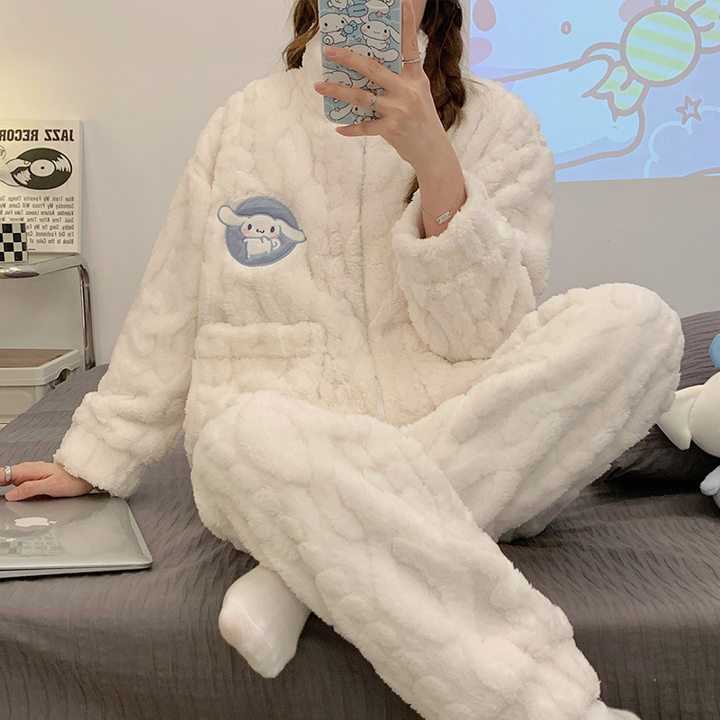 Pijamas de lana de coral con cuello de muñeca dulce francés para mujer más terciopelo engrosado ropa de hogar de franela de invierno traje de gran tamaño invierno