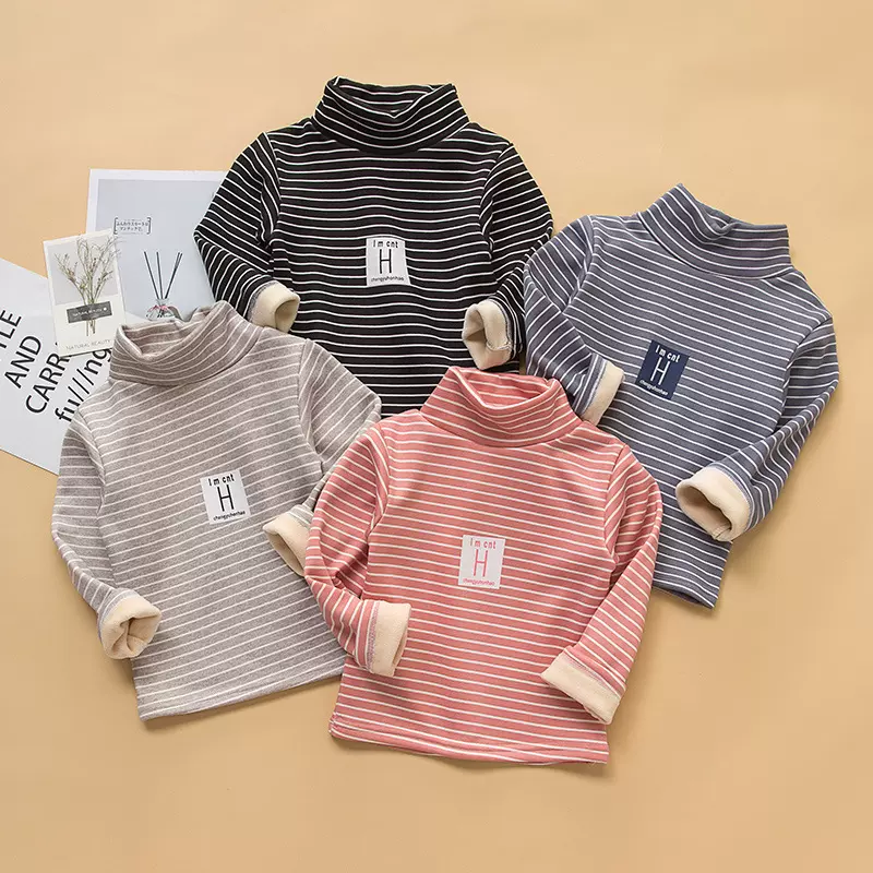 儿童保暖内衣男童打底衫加绒加厚韩版条纹上衣冬季女童装高领秋衣