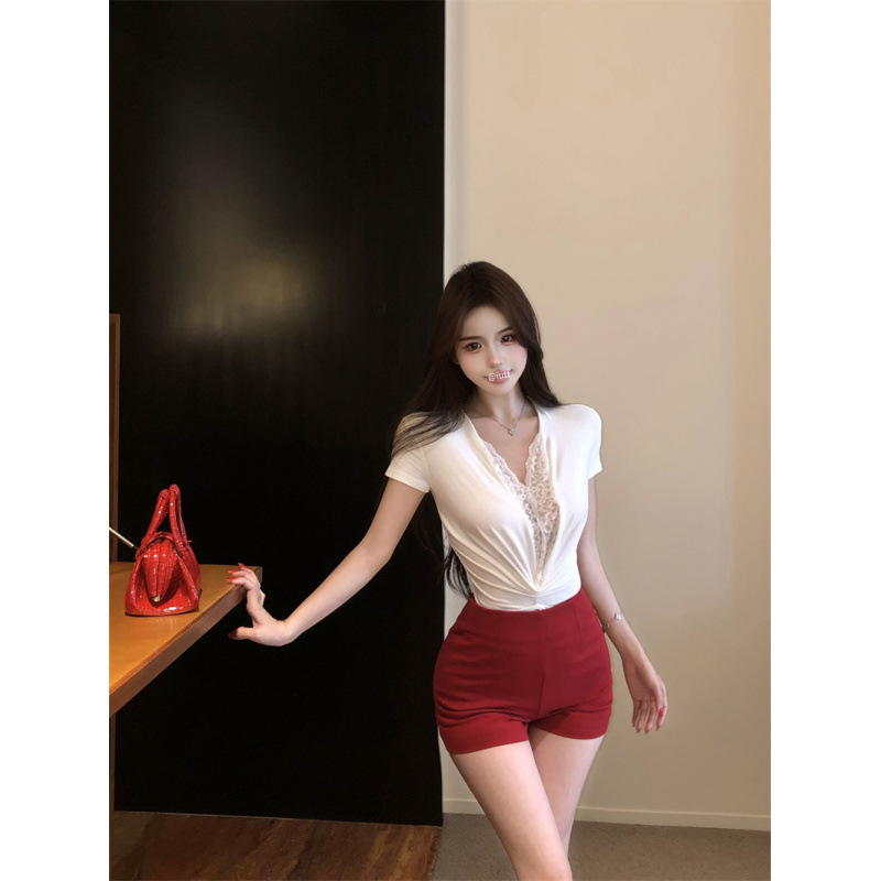 Real Shot and Real Price White Lace V Neck Short-Sleeved T-Shirt Summer Sexy Slim One-Piece Top for Women
