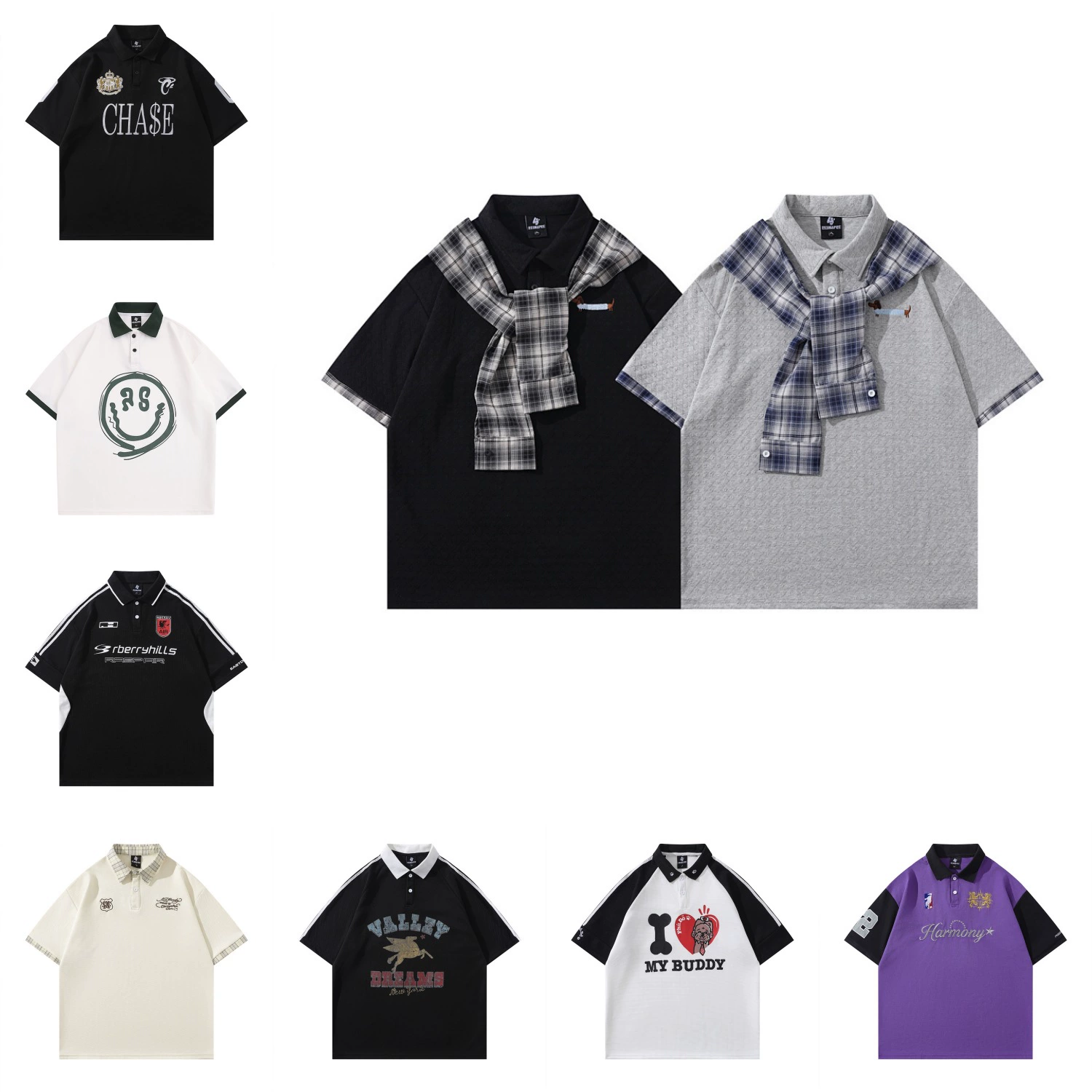 Модная трансграничная футболка-поло в стиле INS с мультяшным граффити, унисекс, американский колледж-стиль, парные топы с коротким рукавом