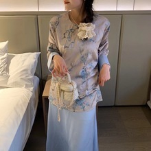 新中式套装女2024春夏新款设计感韩系印花高腰显瘦半身裙两件套女