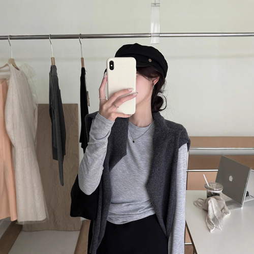 高弹软糯灰色圆领长袖正肩打底衫女秋冬季设计感内搭打底T恤上衣