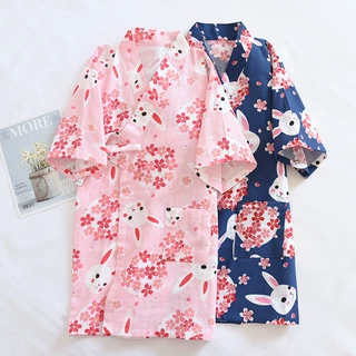 春夏汉服全棉双层纱布日系樱花兔子儿童系带和服汗蒸服睡衣家居服