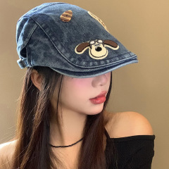 小狗纽扣牛仔前进帽女春夏水洗做旧复古贝雷帽大头围显脸小帽子潮