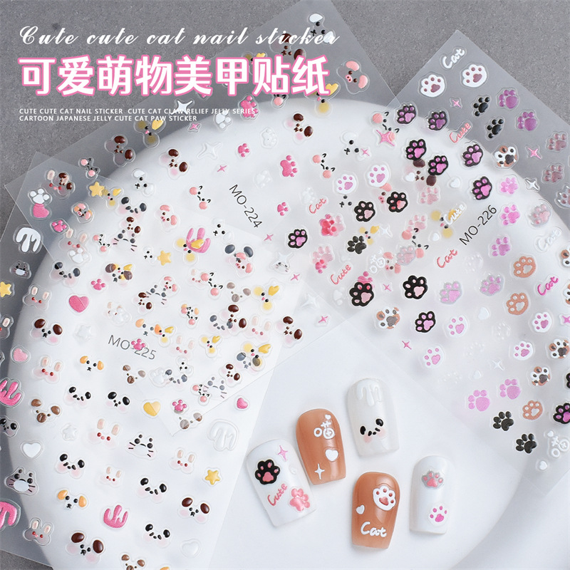 Estilo caliente, lindo, lindo, en relieve, pegatinas de uñas, animales pequeños japoneses, lindos, pegatinas de uñas de garras de gato, pegamento trasero 3D